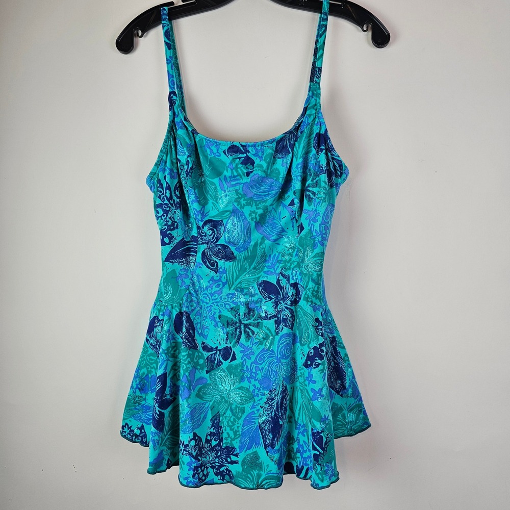 Cole of CA VTG Tropical Floral Swim Dress Blue One Piece Swimsuit 1510256 Sz 16